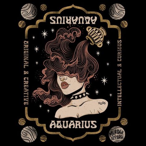 Murder Apparel on Instagram: "Goddess Zodiacs (swipe) Link to shop in bio ➡️ @MurderApparel" Aquarius Zodiac Tattoo, Aquarius Water Bearer, Reading Images, Neo Trad Tattoo, Aquarius Art, Astrology Tattoo, The Age Of Aquarius, Horoscope Art, Horoscope Tattoos