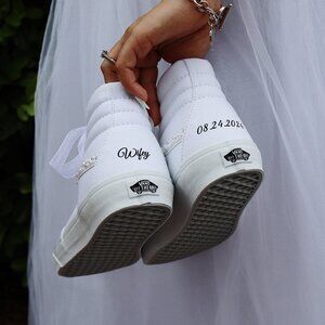 Vans | Shoes | Wedding Sneakers For The Bride Personalized Bridal Shoes Vans Sk8hi Canvas | Poshmark Sneakers For Bride, Wedding Sneakers For Bride, Wedding Vans, Reception Shoes, Bride Personalized, Bridal Sneakers, Dresses With Vans, Wedding Converse, Wedding Sneakers