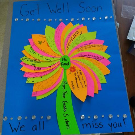 Get well soon or thank you card idea for a teacher from the class Teacher Get Well Card, Class Get Well Soon Card, Get Well Soon Class Project, Get Well Soon For Teacher, Class Thank You Card, Teacher Leaving Card From Kids, Get Well Soon Cards From Kids, Card Ideas For Teachers, Teacher Birthday Card