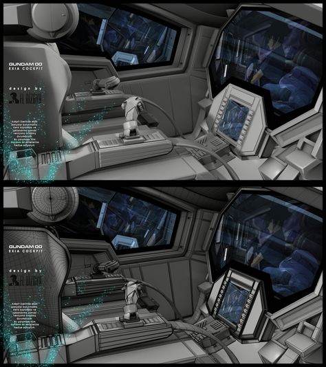 (Probably should've pinned this a while ago) Standard Cockpit - There are buttons on each control stick that line up with the fingers as well as a smaller screen to display a radar, set up comm systems, show specs of opposing mechs (if that feature is installed. *cough cough* Ursa Major), etc. The window looking things are not windows, but actually displays from the cameras built into the mechs head. The pilot sees what the mech does as if they themselves were looking around. Gundam Cockpit, Spaceship Cockpit, Mechanical Reference, Gundam Oo, Mecha Reference, Gundam Collection, Airplane Games, Best Airplane, Gundam Exia