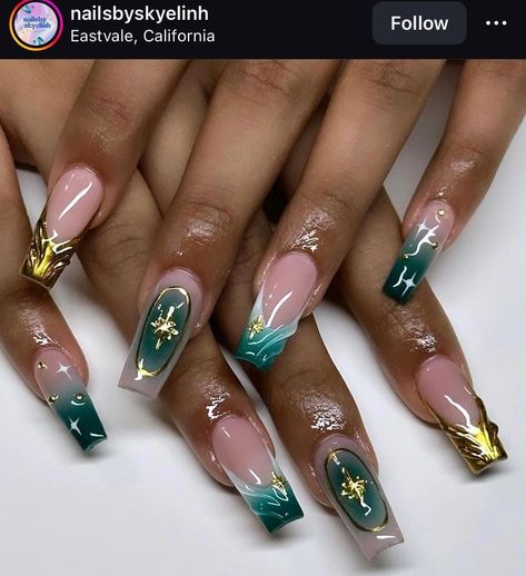 Aura Nails Chrome, Chrome Nails French Tip, Fall Press On Nails, Nails Aura, Nails French Tip, Aura Nails, Nails Fall Nails, Teal Nails, Nails Chrome