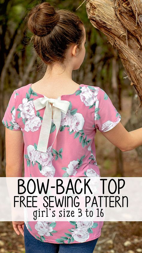 Bow Back Top Sewing Pattern: Free PDF pattern in girl's size 3 to 16. A t-shirt style top that features a small keyhole opening on the back with a ribbon tie. Knit Top Pattern Free, Girls Top Pattern, Bow Back Top, Knit Top Patterns, Make A Tie, Crafty Mom, Free Pdf Sewing Patterns, Free Sewing Pattern, Sewing Patterns Girls