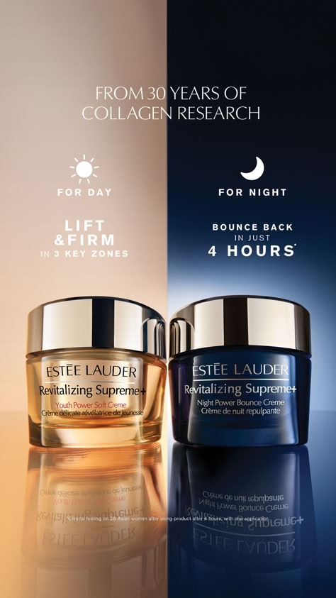 Visibly lift & firm in 3 key zones with Revitalizing Supreme+ and improve skin‘s bounce while visibly reducing lines, with Revitalizing Supreme+ Night Power Bounce. Cream Product Design, Niacinamide Moisturizer, Cosmetics Poster, Perfume Ingredients, Looking Younger, Neck Lines, Beauty Advisor, Beauty Advertising, Natural Collagen