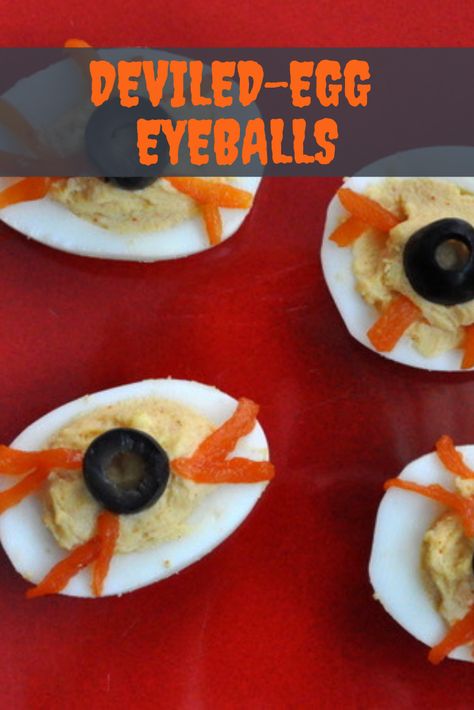 Deviled-Egg Eyeballs | This devilishly gruesome-looking snack also starts with a classic recipe—we use a standard deviled-egg mix of mayo, mustard, and paprika to season the filling. But the shape of the eggs makes for an easy transformation into bloodshot eyes, once you add sliced black-olive "irises" and red-pepper "veins." Not only are those olive irises creepy, their briny flavor also helps balance out the rich egg yolks.	  #halloween #halloweenrecipes #halloweeninspo #seriouseats #recipes Deviled Eggs Recipes, Deviled Egg Recipes, Deviled Egg Recipe, Classic Deviled Eggs, Caramel Apples Homemade, Bloodshot Eyes, Eggs Recipes, Deviled Eggs Classic, Gluten Free Egg Free