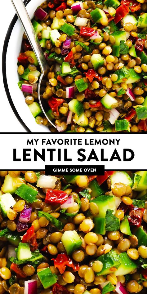 My favorite lentil salad recipe is made with French lentils, cucumber, sun-dried tomatoes, onion, fresh mint and a zippy lemon dressing.  Super simple to make, and so light and refreshing! | gimmesomeoven.com #lentil #salad #lemon #healthy #glutenfree #vegan #mealprep #mediterranean Lentil Salad Recipes, Sommer Mad, French Lentils, Healthy Lunch Meal Prep, Lentil Salad, Dinner Healthy, Lentil Recipes, Vegan Salad, Mediterranean Diet Recipes