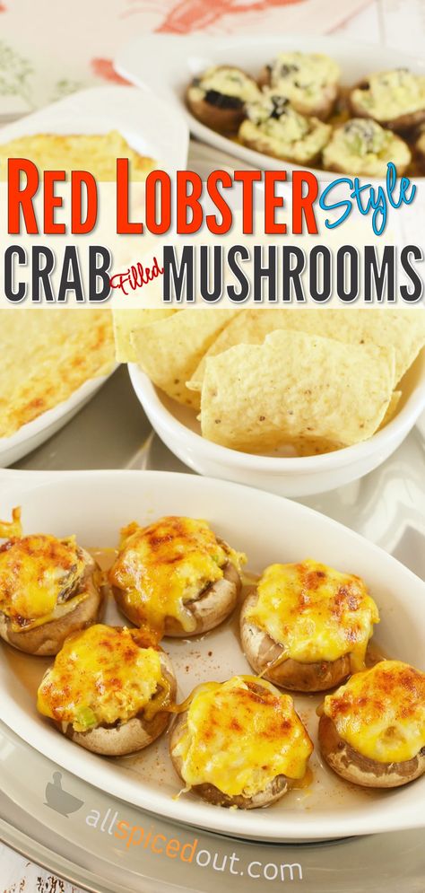 Stuffed Mushroom Caps With Crabmeat Red Lobster Stuffed Mushrooms Recipe, Lobster Artichoke Dip, Lobster Stuffed Mushrooms Recipe, Red Lobster Stuffed Mushrooms, Stuffed Shrimp With Crabmeat, Veggie Apps, Side Dips, Mushroom Cap Recipes, Red Lobster Copycat