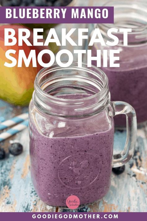 Perfect for busy mornings, this blueberry mango breakfast smoothie with oats is a great way to start the day! This smoothie is easy to make and oh so healthy. Add a little protein powder and you're set.  Can be made dairy free. * Recipes on GoodieGodmother.com #breakfastideas #easyrecipes #foodideas #easyrecipe #smoothierecipe Mango Breakfast, Busy Morning Breakfast, Blueberry Mango, Banana Apple Smoothie, Detox Breakfast, Oatmeal Smoothie Recipes, Blueberry Smoothie, Oat Smoothie, Smoothie Packs