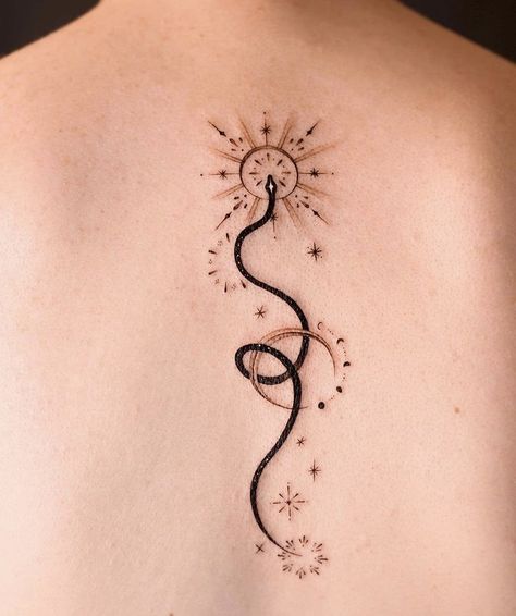 Horizontal Arm Tattoos For Women, Sun Moon Snake Tattoo, Star Snake Tattoo, Snake Uterus Tattoo, Witch Tattoo Ideas Goddesses, Space Snake Tattoo, Lilith Moon Tattoo, Snake Tatoos Woman, Kundalini Tattoo Snakes