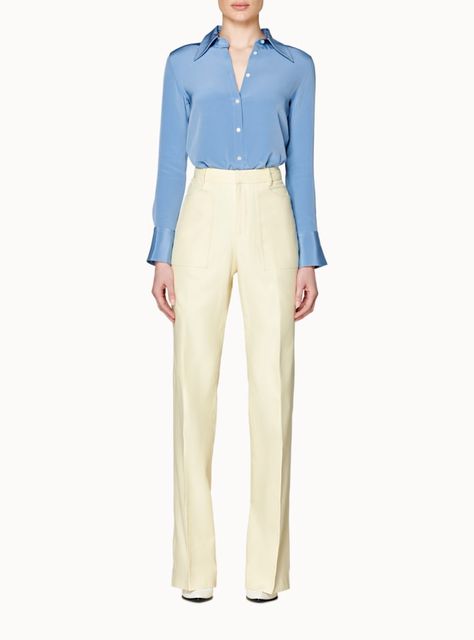 Trousers | SUISTUDIO Online Store Light Yellow Pants Outfit, Pale Yellow Outfit, Yellow Pants Outfit, Blue Silk Shirt, Yellow Trousers, Light Blue Blouse, Yellow Pants, Formal Outfit, Blue Silk