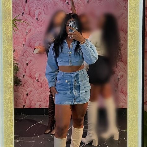 Jean Two Piece Skirt Set Two Piece Denim Skirt Set, 2 Piece Denim Outfit, Denim Skirt Set Outfit, Two Piece Outfit Black Women, Denim 2 Piece Outfit, Denim Two Piece Outfit, Denim Set Outfit, Skirt Two Piece Outfit, Denim Skirt Set