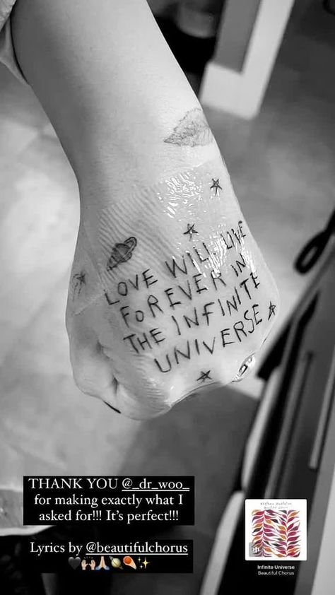 Demi Lovato Hand Tattoo, Demi Lovato Tattoos, Demi Lovato Lyrics, Hand Tattoos Pictures, Song Lyric Tattoos, Contour Tricks, Universe Tattoo, Infinite Universe, Lyric Tattoos