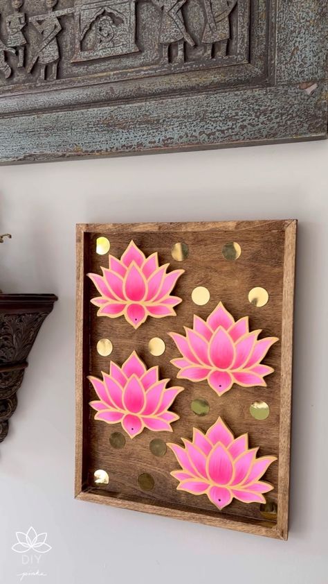 Lotus Painting On Canvas, Lotus Cutout, Mdf Board, Lotus Drawing, Peacock Pictures, Lotus Painting, Painted Trays, Bead Embroidery Tutorial, Diwali Decorations