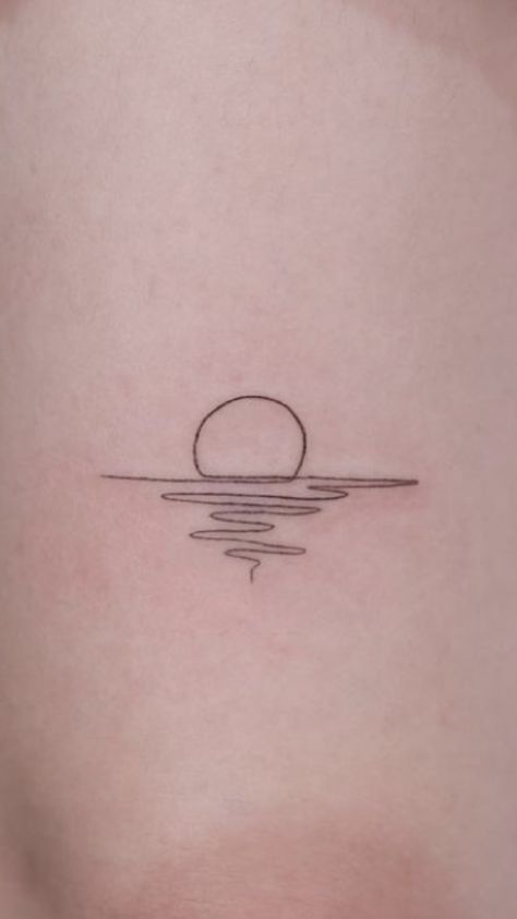 Water Sun Tattoo Ideas, Small Lake Tattoo Ideas, Sunset On Water Tattoo, Los Angeles Inspired Tattoos, Minimalist Lake Tattoo, Lake Sunset Tattoo, Sunrise Over Water Tattoo, Minimalistic Ocean Tattoo, Malta Tattoo Ideas