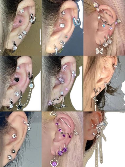 Idea For Ear Piercing, Piercing Inspo Both Ears, Piercings And Tattoos Women, Douyin Ear Piercing, Kawaii Ear Piercings, Ear Piercings Asian, Ear Decoration Piercings, Lot Of Ear Piercings, Ear Piercing Ideas Grunge