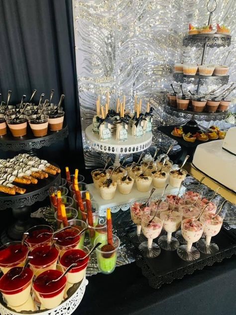 40th Birthday Sweets Table, Alcohol Party Decorations, Table Decorations For Party Birthday Man, Masquerade Food Ideas, Masquerade Party Food, Mafia Birthday Theme, Mafia Party Decorations, Bday Desserts, Appetizer Table Display