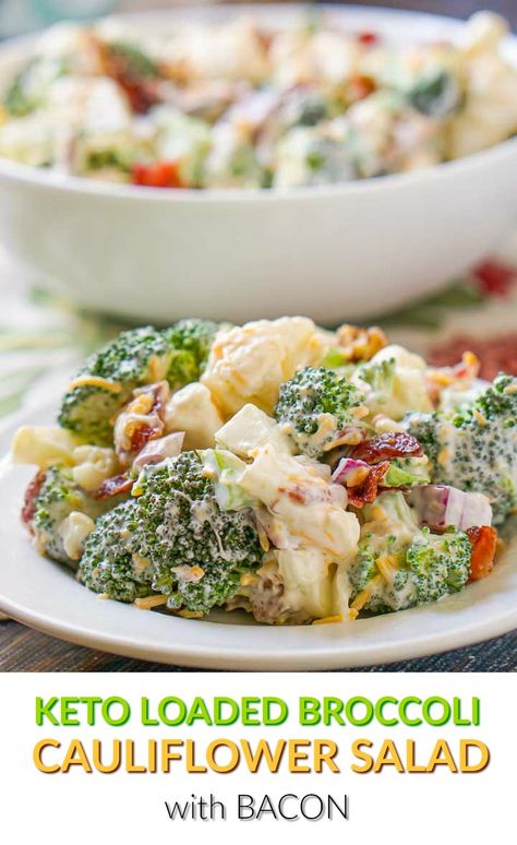 This loaded low carb broccoli cauliflower salad is a great dish to take to a summer picnic or party. Easy to make, this keto broccoli salad is full of bacon cheese and other delicious ingredients mixed in a mayo based sugar free dressing. On serving has only 1.9g net carbs per serving! #broccolisalad #cauliflowersalad #baconbroccolisalad #ketorecipes #lowcarbrecipes #summersalad #loadedsalad #picnicsalad #bacon Atkins Vegetables, Broccoli Cauliflower Salad With Bacon, Cauliflower Salad With Bacon, Broccoli Cauliflower Salad Recipes, Sugar Free Dressing, Cauliflower Salad Recipe, Keto Broccoli Salad, Low Carb Broccoli, Pork Crockpot