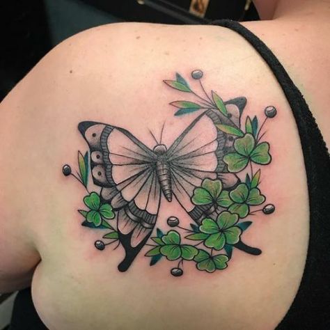 Butterfly And Clover Tattoo, Irish Butterfly Tattoo, Irish Flower Tattoo, Memorial Heart Tattoo, Ivy Tattoos, Hungarian Design, Claddagh Tattoo, Irish Tattoo, Shamrock Tattoo