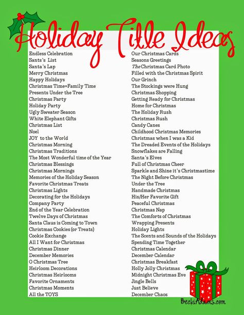 Hi there, I know you're all busy with holiday parties, shopping, and baking this time of year. For Lets Talk Tuesday I thought I'd share a... Page Title Ideas, Christmas Scrapbook Pages, Title Ideas, Christmas Scrapbook Layouts, Holiday Scrapbook, Scrapbook Quotes, Christmas Layouts, Party Names, Scrapbook Titles