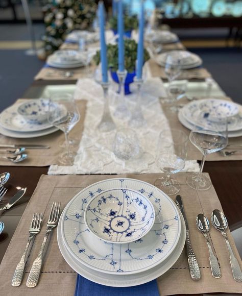 Royal Copenhagen China, Winter Tablescapes, Copenhagen Blue, White Plates, Royal Copenhagen, Stemware, Place Settings, Plates And Bowls, The Table