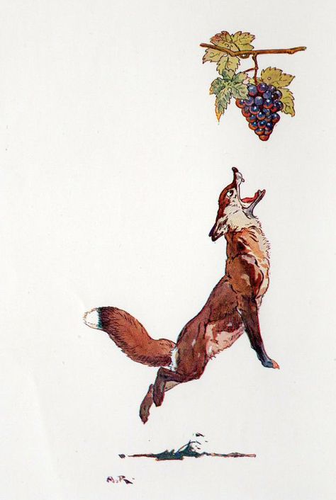 Harry Rountree. 1935 Aesops Fables "The Fox and the Grapes" Aesop’s Fables Illustration, Aesop Fables Illustrations, Aesops Fables Illustrations, Harry Roundtree, Harry Rountree, Aesop Fables, Aesop's Fables, Aesops Fables, Fox Painting