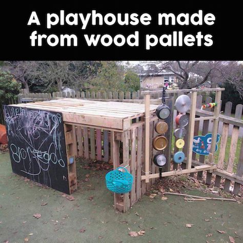 Use wood pallets (from your own garden or get some that your local nursery is throwing out) and make an incredible playhouse for the kids! Neat - Eyfs Outdoor Area, Outdoor Play Space, Smart School House, Outdoor Learning Spaces, Outdoor Play Spaces, Build A Playhouse, Outdoor Play Areas, Smart School, Kids Outdoor Play