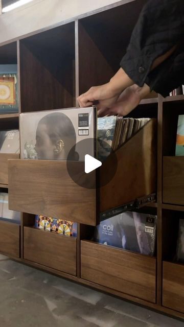 R/D Record Cabinets | Made in Los Angeles on Instagram: "You can place an order for this custom built record cabinet with drawers that hold 75-100 LPs each. Made in walnut with provincial stain. Vinyl records courtesy from our friends @daisrecords @vinylmoonco." Modern Basement Bar, Vinyl Record Cabinet, Provincial Stain, Cabinet With Drawers, Modern Basement, Basement Bar Designs, Record Cabinet, Basement Makeover, Place An Order