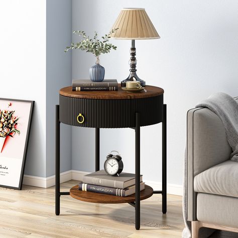 Myhozm Modern End Table with Storage Drawer, Round Nightstand with Metal Legs for Living Room, Bedroom, Office - On Sale - Bed Bath & Beyond - 39507122 Side Table Decor Living Room With Lamp, Round Accent Table Living Room, Circular Side Table With Drawer, Round Side Table With Storage, End Tables For Living Room, Mid Century Modern End Tables, Living Room End Table Ideas, Side Table Ideas Living Room, Side Table For Living Room