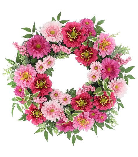 Welcome your guests by displaying the Spring Light & Dark Pink Zinnia & Gerbera Wreath by Bloom Room on the front door Crafted with faux zinnias, gerbera blooms, daisies and berries in different shades of pink and leaves, this wreath looks beautiful You can also use it to adorn the entryway wall or mantelBrand: Bloom RoomDimensions: 215 x 215 x 6 inches (L x W x H)Content: 70% Flower & Leaves (90% Polyester & 10% Polyethylene), 15% Berry (90% Styrofoam & 10% Polyethylene), 10% Base (95% Polyethy Cemetery Arrangements, Pink Zinnia, Spring Light, Door Crafts, Pink Wreath, Summer Door Wreaths, Entryway Wall, Flower Leaves, Diy Wreaths