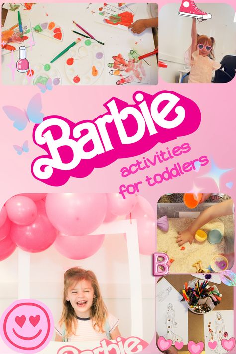 Simple Barbie Inspired Activities for Toddlers! ARTS & CRAFTS | GAMES | SENSORY PLAY | PHOTO SHOOT INSPIRATION #barbie #toddleractivities #fun #pink #barbiephotoshoot #barbiegames #barbieart #barbiesensoryplay #ricebin Barbie Party Crafts For Kids, Barbie Sensory Bin, Barbie Scavenger Hunt, Barbie Birthday Activities For Kids, Barbie Party Games Kids, Barbie Themed Games, Barbie Crafts For Kids Birthday Parties, Barbie Activities For Kids, Barbie Birthday Activities