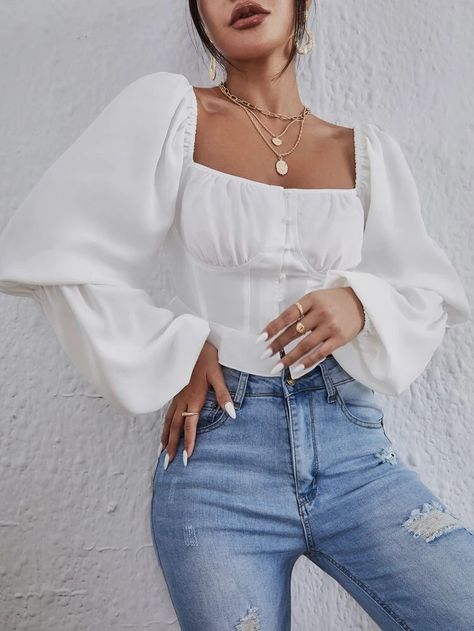 Long White Top, White Tops Outfit, Square Neck Top, Elegant Blouses, Blouse Outfit, Boho Casual, Striped Tank Top, Crop Blouse, Lantern Sleeve