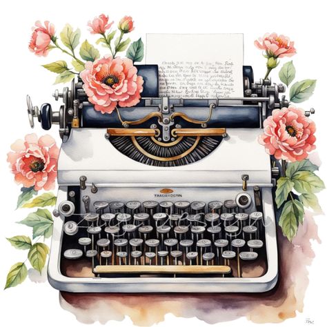 Watercolor Typewriter, Typewriter Clipart, Typewriter Png, Typewriter Drawing, Antique Clipart, Typewriter Aesthetic, Typewriter Tattoo, Clipart Book, Retro Clipart