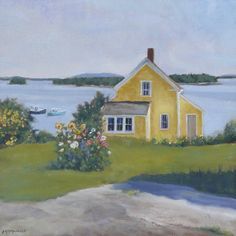 "Yellow House" by Karen McManus. 10" X 10" Oil. SOLD! maine-art.com House By The Water, Yellow Cottage, Cottage Painting, Maine Art, Cottage By The Sea, Yellow House, Yellow Houses, Cottage Art, 수채화 그림