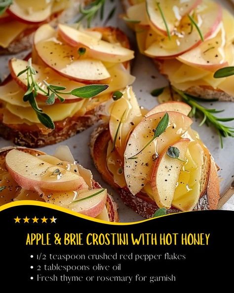 Top Recipes | Apple & Brie Crostini with Hot Honey | Facebook Baked Brie Toppings, Apple Brie Crostini, Brie Toppings, Brie Crostini, Apple Brie, Harvest Food, Harvest Recipes, Hot Honey, Brie Cheese