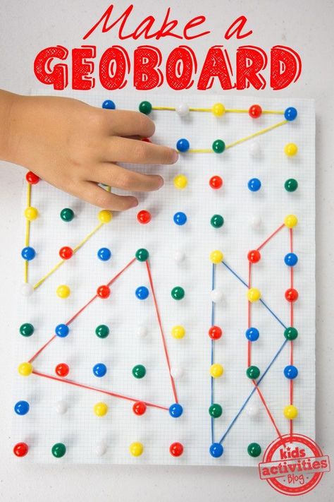 Using the following materials: Map pins, Foam board, Graph paper, Mod Podge Paint brush, and Rubber bands the teacher will model how a geoboard is made. One side of the foam board will be covered in Mod Podge and a sheet of graph paper will be attached. Once it’s dry, cut the board/paper to fit. Paint the sharp end of a map pin with Mod Podge, and push it into the foam board. Keep adding pins to the board at even intervals. Allow to dry, and you’re ready to start adding shapes! Toddlers Activities, Quiet Activities, Shapes Activities, Toddler Learning Activities, Fine Motor Activities, Motor Activities, Montessori Activities, Stem Activities, Toddler Learning