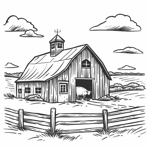 Barn black and white vectors, photos and PSD files | Free download Barn Drawing, Sky With Clouds, Farm Signs, Basic Drawing, A Sky, Ink Sketch, Sky And Clouds, Rustic Barn, Black Acrylics