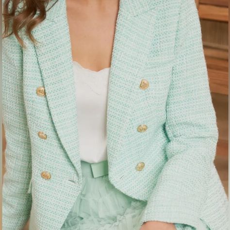 Boutique Favorite Tweed Blazer Now In Mint Green. Slim Fit Blazer In Shiny Gold Threads Weaved In. 100% Polyester. 1.76 Lbs. Green Tweed Blazer, Womens Anorak Jacket, Slim Fit Blazer, Green Tweed, Green Utility Jacket, Beige Blazer, Boucle Jacket, Slim Fit Blazers, Knit Blazer