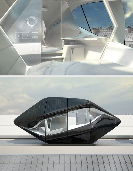 Futuristic Rooftop Living Room in a Compact Prefab Capsule Rooftop Living Room, Architecture Futuristic, Futuristic Furniture Design, Furniture Design Architecture, Interior Design Minimalist, Futuristic Home, Living Roofs, Futuristic Furniture, Best Solar Panels