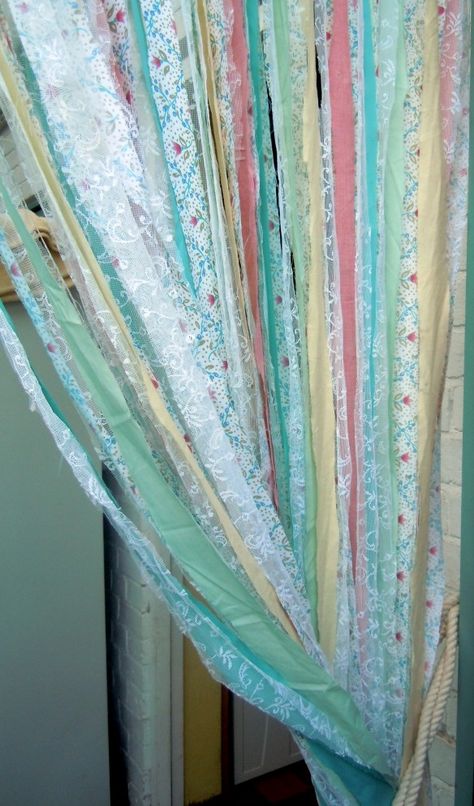 DIY fabric scrap fly curtain tutorial. I need to make something like this for my closet!!! Fabric Strip Curtains, Fly Curtain, Rag Curtains, Cortinas Boho, Curtain Alternatives, Strip Curtains, Curtain Tutorial, Sheet Curtains, Patchwork Curtains