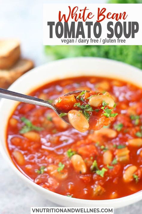 White Bean Tomato Soup | This Vegan White Bean Tomato Soup is packed with flavor and is so easy to make. Full of fire roasted tomatoes, veggies and white beans, it makes the perfect healthy gluten free weeknight meal that's ready in about 30 minutes. With all those veggies, it's comfort food that both vegans and omnivores will love!  #whitebeantomatosoup #veganwhitebeantomatosoup #whitebeantomatosoupglutenfree #whitebeantomatosoupvegans #healthywhitebeantomatosoup Bean Tomato Soup, Tomato Soup Vegan, White Bean Tomato, White Bean Soup Recipes, Lactose Intolerance, Healthy Weeknight Meals, Soup Vegan, Red Lentil Soup, Gary Cooper