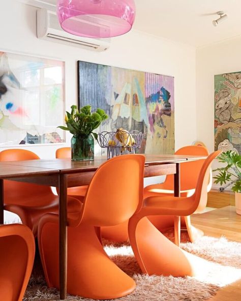 Pink And Orange Dining Room, Pink Dining Table, Funky Apartment, Green Mattress, Brown Leather Chairs, Plywood Kitchen, Bathroom Artwork, Greenhouse Interiors, Yellow Sofa