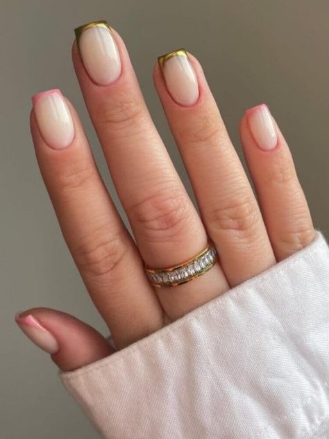 Short milky nails with light pink and gold tips Short Milky Nails, Basic Manicure, Pink French Tip Nails, Gold French Tip, Glitter French Nails, White Nails With Gold, Pink French Manicure, Pink French Tip, Glitter French Tips