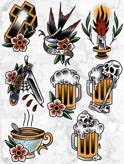 Traditional Beer Mug Tattoo, American Traditional Beer Tattoo, Traditional Beer Tattoo, Old School Tattoo Drawing, Tatuajes Old School, Oldschool Tattoo Traditional, Old School Style Tattoo, American Old School Tattoo, American Traditional Tattoo Flash