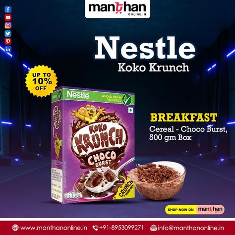 Shop Nestle Koko Krunch on 10% at manthanonline.in. Shop Now - https://www.manthanonline.in/ https://www.manthanonline.in/grocery/breakfast-dairy/breakfast-cereals #Manthanonline #grocery #kanpur #nestle #koko #krunch #burst #Breakfastcereal #breakfast Koko Crunch, Koko Krunch, Coco Crunch, Crunch Cereal, Milk Shop, 21 Savage, Food Packaging Design, Breakfast Cereal, Warm Milk