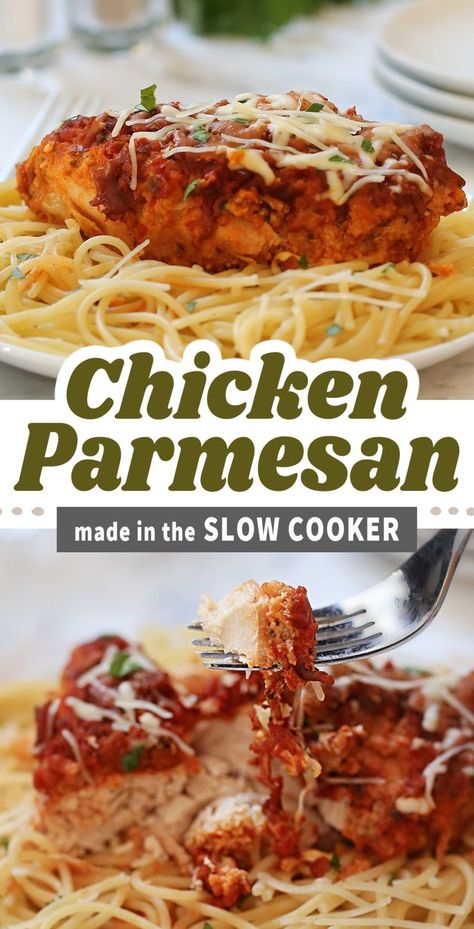 This easy SLOW COOKER CHICKEN PARMESAN is the best weekday dinner recipe. Made in the crock pot with seasoned breaded chicken breasts, marinara sauce, and cheese. #slowcooker #slowcookerchicken #chickenrecipes #chickenparmesan Slow Cooker Chicken Parmesan, Crockpot Chicken Parmesan, Bulgar Wheat, Cheese All, Making Chicken, Easy Slow Cooker Chicken, Breaded Chicken Breast, Semi Homemade, Melty Cheese