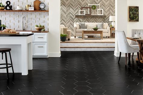 Black Kitchen Floor Tiles, Black Tiles Kitchen, Black Porcelain Tiles, Honed Marble Tiles, Gray Porcelain Tile, Floor And Decor, Polished Porcelain Tiles, Black Tiles, Luxe Interiors