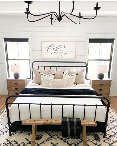 Bedroom With White Shiplap Accent Wall, Western Neutral Bedroom, Black And White Farmhouse Bedroom, Farmhouse Airbnb, Downtown House, Gaines Farmhouse, Tufted Bedroom, Western Room, Vibe Rooms