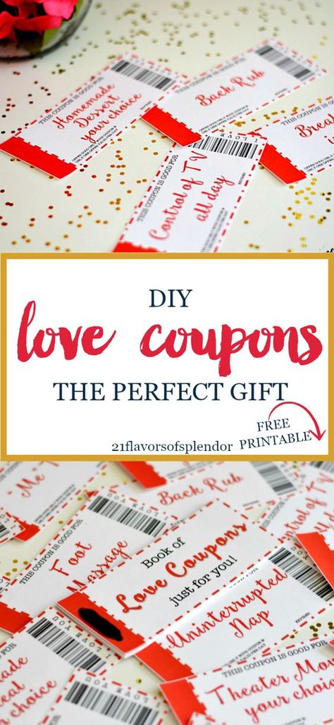 Free printable love coupons are the perfect DIY gift. Great for your husband or boyfriend on Valentine's Day, Anniversary, Birthday, or just because. Click... Printable Love Coupons, Birthday Present For Boyfriend, Birthday Present For Husband, Coupons For Boyfriend, Diy Gifts For Men, Birthday Surprise Boyfriend, Diy Coupons, Diy Gifts For Him, Presents For Boyfriend