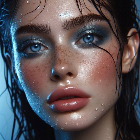 ✨ Captivated by the ethereal beauty of this hyper-realistic portrait! ✨ Her piercing blue eyes, shimmering makeup, and dewy glow create a mesmerizing look that's both futuristic and natural. The wet-look skin and glossy nude lips perfectly complement the iridescent blend of blue and silver eyeshadow. 🌟💧 Her natural freckles and wet hair add an extra layer of allure, making this portrait a true masterpiece. The cool blue background ties everything together, highlighting her features and addin... Deep Sea Makeup, Blue Water Makeup, Wet Eye Look, Makeup Wet Look, Blue And Silver Eyeshadow, Artistic Makeup Creative, Wet Makeup Look, Shimmering Makeup, Natural Freckles