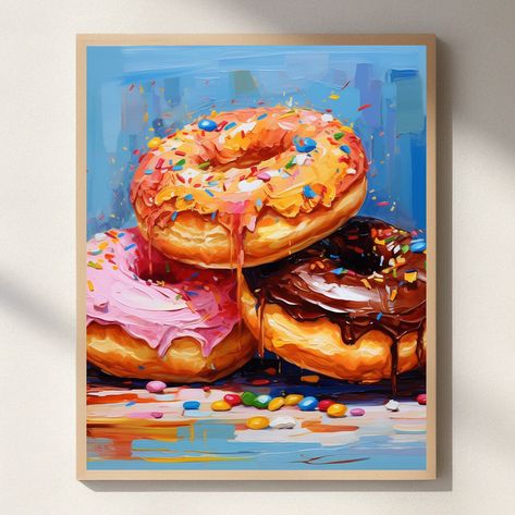 "This Donut Printable Wall Art is an INSTANT DIGITAL DOWNLOAD that you can print in a variety of sizes at home or using a printing service. Printable wall art saves you delivery time and shipping costs. These also make great gifts!  SIZING INFORMATION Your download includes ten high-resolution digital art files (300 image DPI) in JPG format which you can instantly download: 5 x 7\"  8 x 10\"  9 x 12\"  11 x 14\" 16 x 20\"  18 x 24\" 24 x 36\" International paper size to print (ISO sizes):  A4 (8.3 x 11.7\") A3 (11.7 x 16.5\") A2 (16.5 x 23.5\")   HOW TO PRINT - At home if you have a printer - At your local print shop. - Using an online printing service  NOTE: For best results we suggest printing on high-quality paper. Once you complete your purchase, your digital art files will be availabl Doughnut Art, Donut Painting, Donut Wall Art, Donut Printable, Bakery Art, Donut Art, Food Wall Art, Watercolor Birthday Cards, Donut Wall