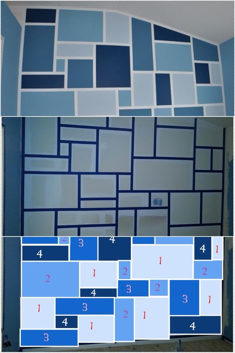 Painters tape accent wall:  Using a roller, paint where you want your border lines. Let dry. Use a wide painters tape and a level to create grid.  Take a picture of the wall. Open file in the program "PAINT" create colors that are similar to your paint colors. Create boxes in paint with your different colors to create a practice grid of your color to figure out what works best.  Use your template to paint your colors on the wall. Let paint dry and remove tape. Fix any paint bleeds you may have. Border Lines, Wall Painting Techniques, Diy Wall Painting, Accent Wall Paint, Tape Painting, Room Wall Painting, Bedroom Wall Paint, Accent Wall Bedroom, Wall Paint Designs